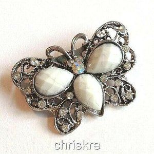 Silver Art Deco Butterfly Brooch Pin White Gray